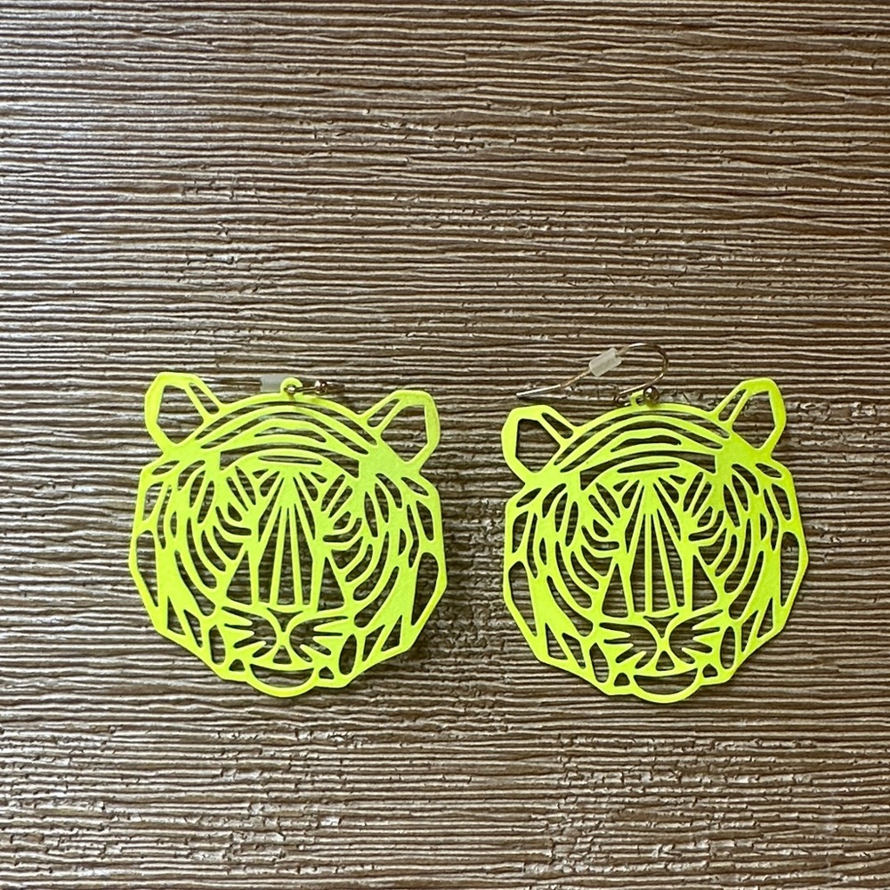 Neon Green Tiger Face Earrings